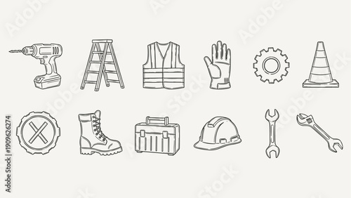 Collection of hand-drawn construction and safety equipment icons on a plain background