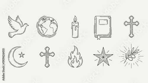 Collection of religious and spiritual symbols in a minimalist line art style