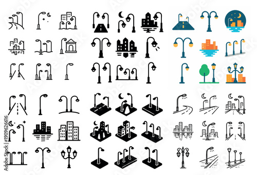 Urban street lamp vector illustrations set