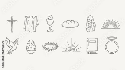 Collection of religious symbols and Easter icons in a minimalist line art style