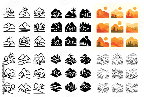 Mountain scenery icon set