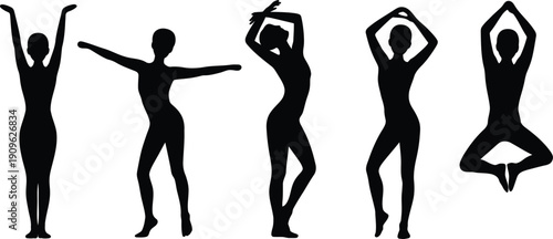 Set of five diverse female human body silhouettes in various graceful dance and yoga poses isolated on transparent background