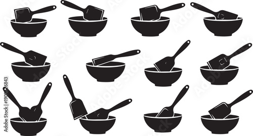 Black kitchen utensils and cookware on white background illustration