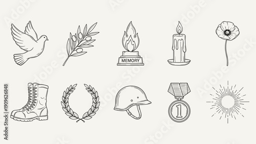 Collection of hand-drawn icons representing remembrance, peace, and military service