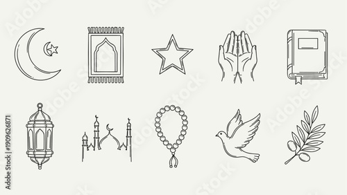 Islamic symbols and icons collection: crescent, prayer rug, star, hands, book, lantern, mosque, beads, dove, olive branch