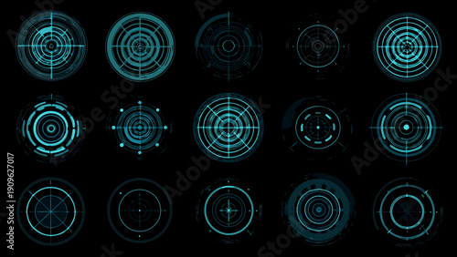 Collection of futuristic teal crosshair designs on a black background
