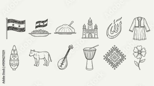 Syrian cultural symbols and landmarks in a hand-drawn doodle style