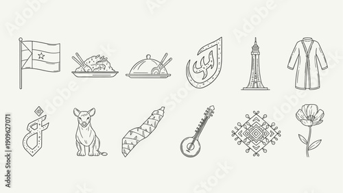 Collection of Ghana cultural symbols and landmarks in a simple line art style