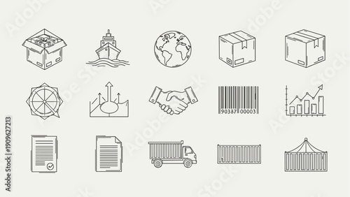 Collection of outline icons representing logistics, shipping, and business concepts