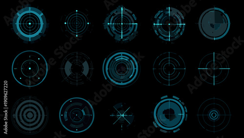 Collection of futuristic teal crosshair and targeting system elements