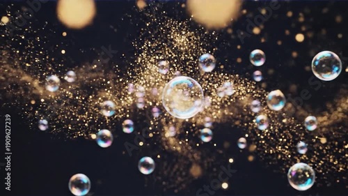 Wallpaper Mural Bubbles float with glittering particles against a dark background, some with iridescence Torontodigital.ca