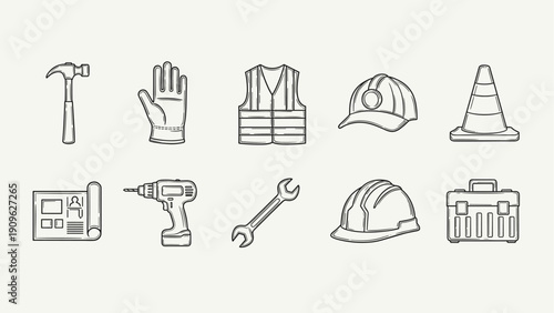 Collection of construction and safety equipment icons in a simple line art style