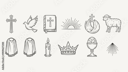 Collection of religious and spiritual symbols in a hand-drawn line art style