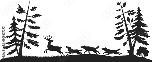 Black silhouette of a wild deer stag running from a pack of three wolves through a forest with pine trees on white background