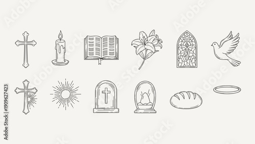Collection of religious symbols and icons in a minimalist line art style