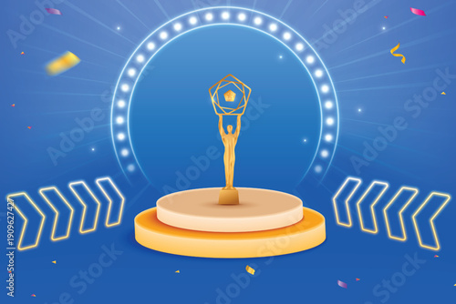 Award Ceremony Blue Color Background With Golden Trophy on Podium. Premium Celebration Theme Concept Vector Illustration For Grand Music Concert, Movie, Party, Festival Celebration Etc.