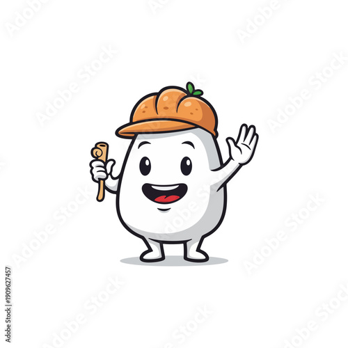 A cartoon character wearing an orange hat and holding a drumstick in a playful gesture