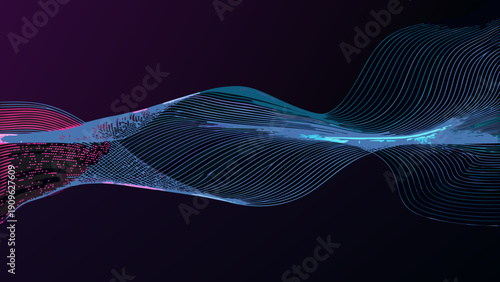 Abstract wave of light formed by digital lines and particles