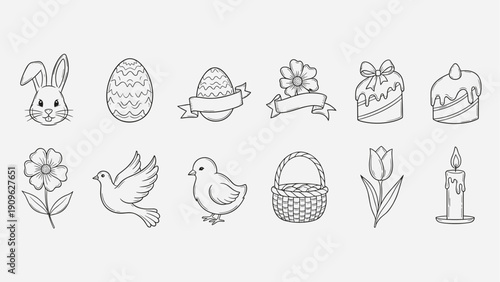 Collection of hand-drawn Easter icons including a bunny, eggs, flowers, and a chick