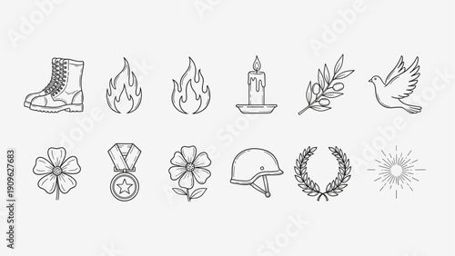 Collection of hand-drawn icons representing peace, remembrance, and military themes