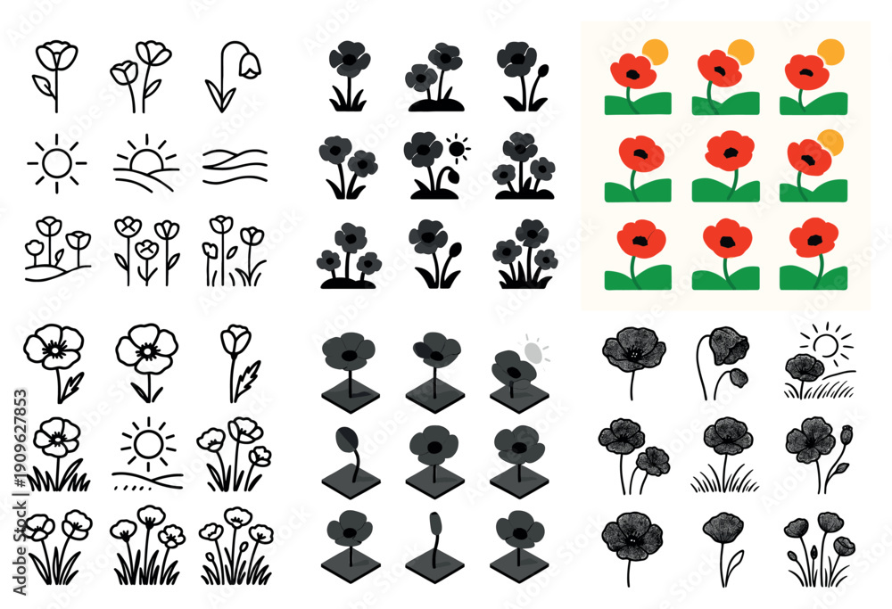 Obraz premium Floral icon set: poppies and patterns
