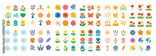 Bright seasonal flower and nature icon set