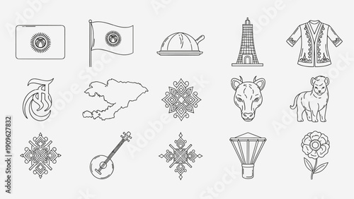 Kyrgyzstan national symbols and cultural elements in a clean outline icon set