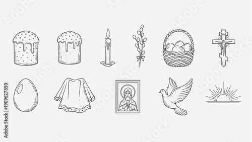 Collection of Orthodox Christian Easter symbols and religious icons in a line art style