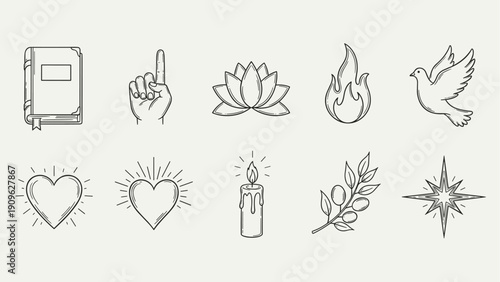 Collection of spiritual and religious symbols in a minimalist line art style