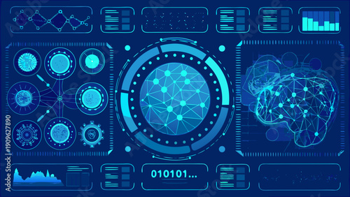 Futuristic interface displaying complex data visualizations and a neural network
