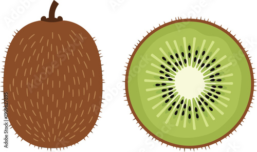 A whole kiwi fruit and a halved kiwi fruit on a white background