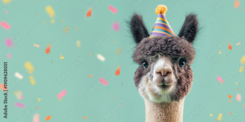 Fototapeta premium Happy Birthday, carnival, New Year's eve, sylvester or other festive celebration, funny animals card - Alpaca with party hat and sunglasses on turquoise background with confetti