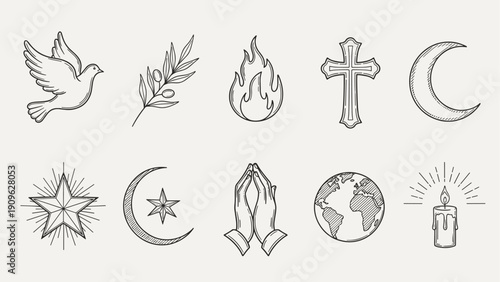 Collection of religious and spiritual symbols in a hand-drawn sketch style