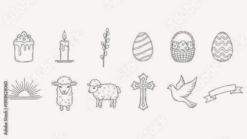 Collection of Easter and religious symbols in a simple line art style