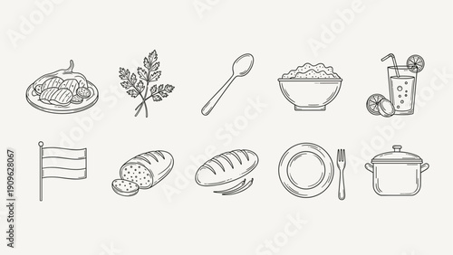 Collection of food and drink icons with a Hungarian flag, representing national cuisine and dining
