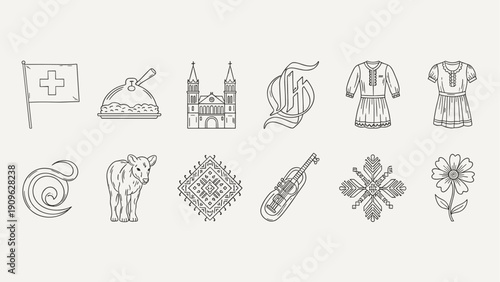 Collection of Swiss cultural icons and symbols in a clean line art style