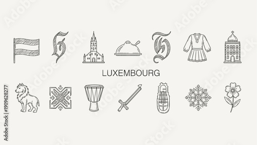 Collection of hand-drawn icons representing Luxembourg's culture and landmarks