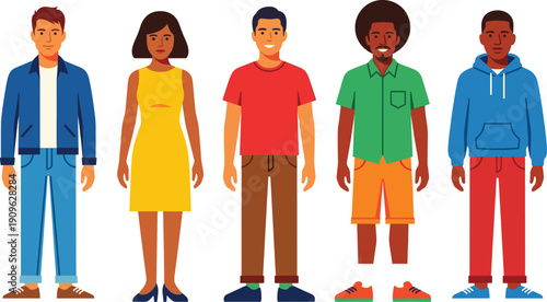 Vector set of diverse young people in casual summer outfits, flat character design for lifestyle and community concepts