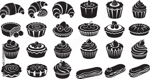 Black and white illustration of various sweet baked goods