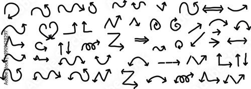 Hand drawn arrow set - curved and straight, spiral and wavy directional pointers for navigation or infographic design.