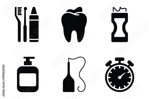 Dental care icons: toothbrush, toothpaste, tooth, floss, timer