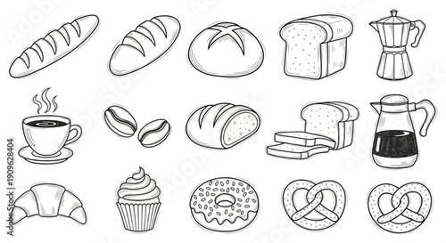 Sketch Bakery Doodle Icons with Bread, Coffee and Pastries Hand-Drawn Vector Set