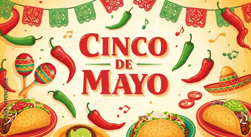 Cinco de Mayo Mexican Holiday Poster with Peppers, Tacos and Fiesta Element