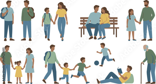 Vector Illustration of Diverse People and Families Enjoying Outdoor Activities, Walking, Sitting on a Bench, Playing Soccer and Reading