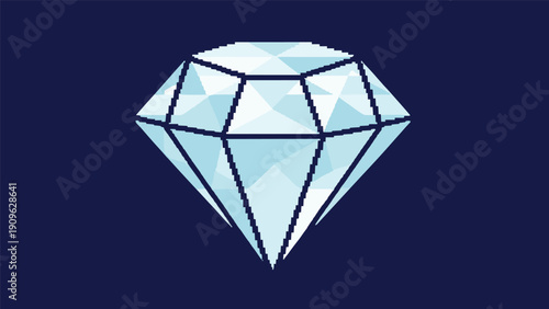 Sparkling blue diamond gemstone rendered in a classic pixel art style on a dark blue background, perfect for game assets and retro art.