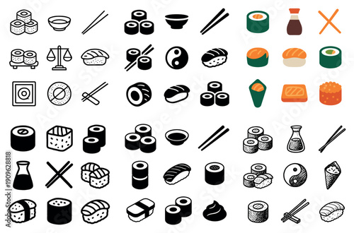 Sushi icons: diverse styles and forms
