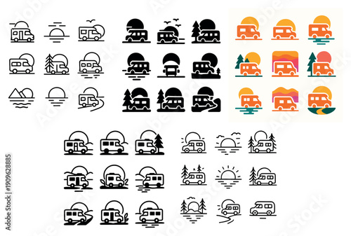 Minimalist camper icon set for adventures