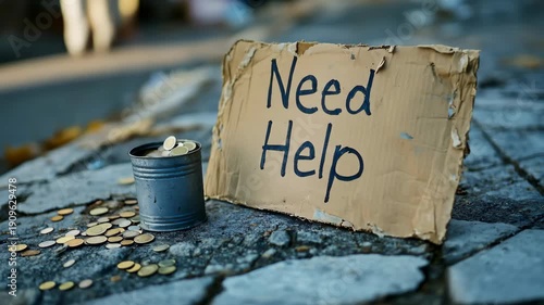 Close up of a cardboard sign with Need Help text and a metal tin full of coins on a city street pavement.