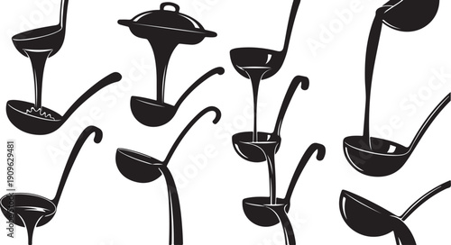 Black and white illustration of various ladles floating freely