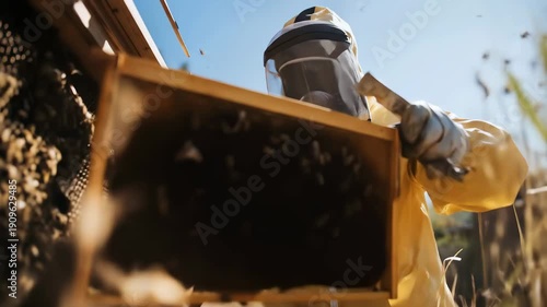 A beekeeper in a yellow protective suit meticulously inspects a beehive, carefully lifting a frame teeming with honeycombs and buzzing bees under a clear blue sky.
